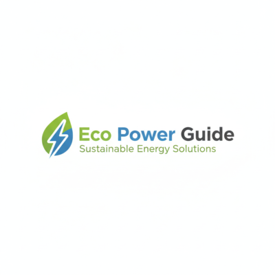 Modern minimalist logo for Eco Power Guide featuring a green leaf and blue energy bolt icon