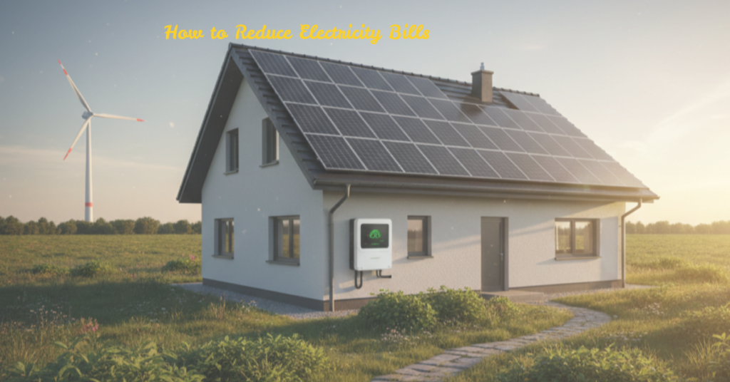 A modern house with solar panels at sunset with text overlay How to reduce Electricity Bills - Eco Power Guide."