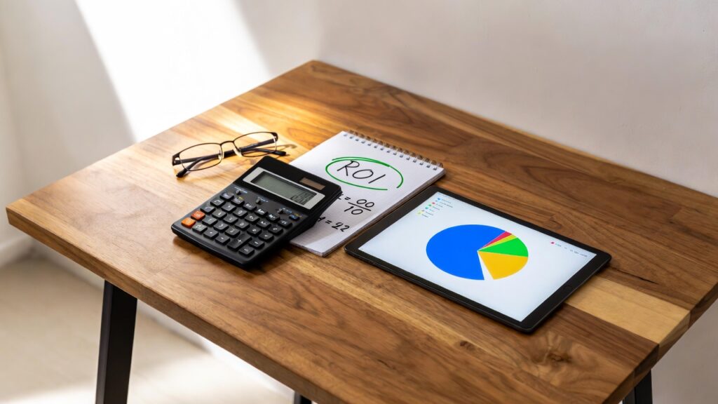 Top-down view of a modern wooden desk with a financial calculator, designer glasses, a notepad with "ROI" circled in green, and a tablet displaying an energy savings pie chart.


