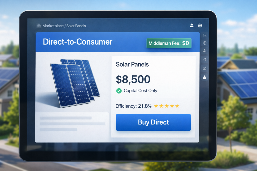 Direct-to-Consumer Solar Marketplace on Tablet Showing $0 Middleman Fee