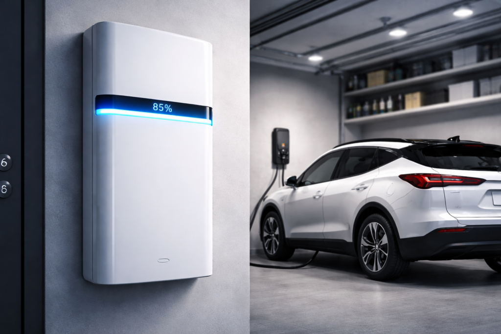 Sleek Wall-Mounted 2026 Home Battery Unit with Blue LED and Electric Car