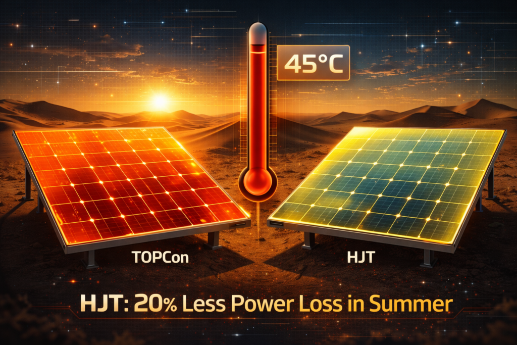 A thermal heat map comparison of two solar panels in a desert. The left panel labeled "TOPCon" glows bright orange, indicating high heat stress. The right panel labeled "HJT" glows cooler yellow. A large thermometer shows 45°C. Text reads: "HJT: 20% Less Power Loss in Summer." 16:9 aspect ratio.

