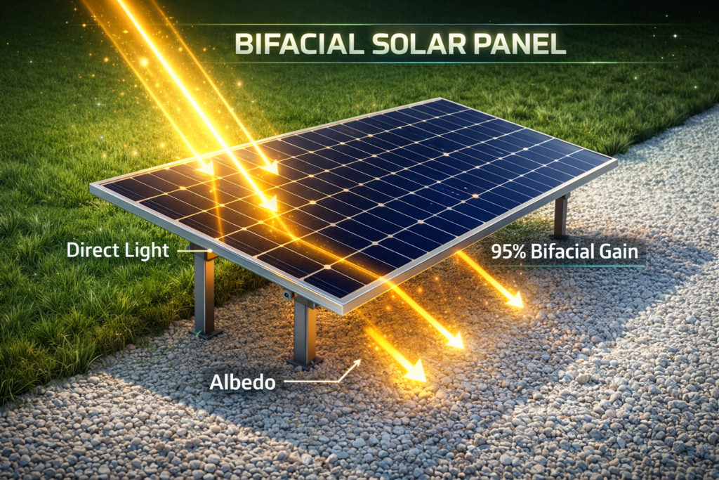 A 3D diagram of a ground-mounted bifacial solar panel. Bright glowing arrows show direct sunlight hitting the top, labeled "Direct Light." Additional arrows show albedo light bouncing from a white gravel surface to the bottom of the panel, labeled "95% Bifacial Gain." The background features green grass and white gravel. 16:9 aspect ratio.

