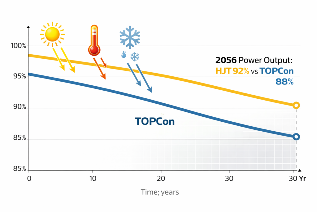 A 30-year line graph from 2026 to 2056 comparing solar panel performance. A blue line represents "TOPCon" and a gold line represents "HJT," with the gold line remaining higher throughout. Icons for sunlight, heat, and snow are shown attacking the panels. The graph ends with the label "2056 Power Output: HJT 92% vs TOPCon 88%." Clean white background, 16:9 aspect ratio.

