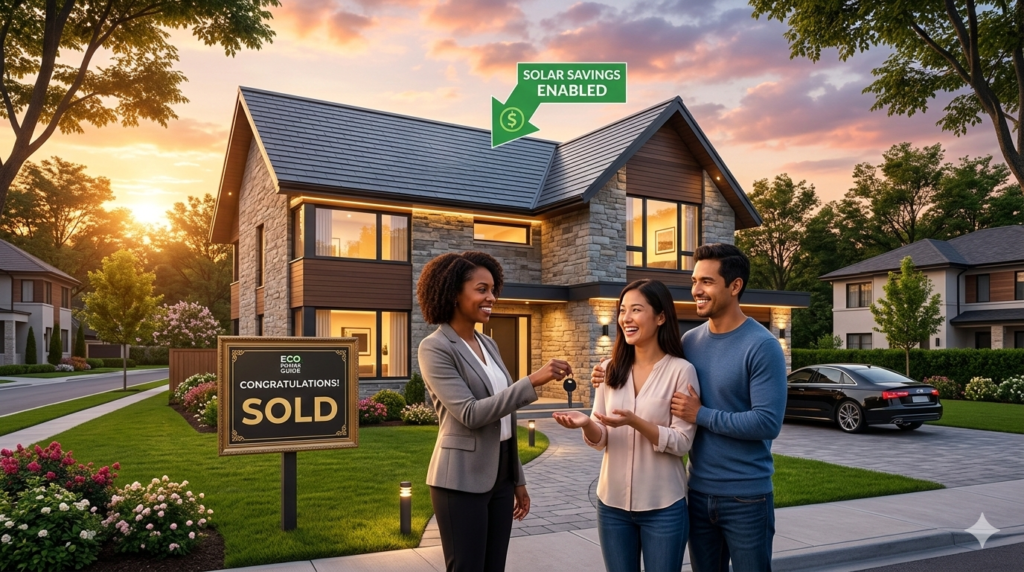 Modern suburban home with sleek integrated solar shingles and a "SOLD" sign in the front yard, as a happy young couple receives keys from a realtor during sunset.

