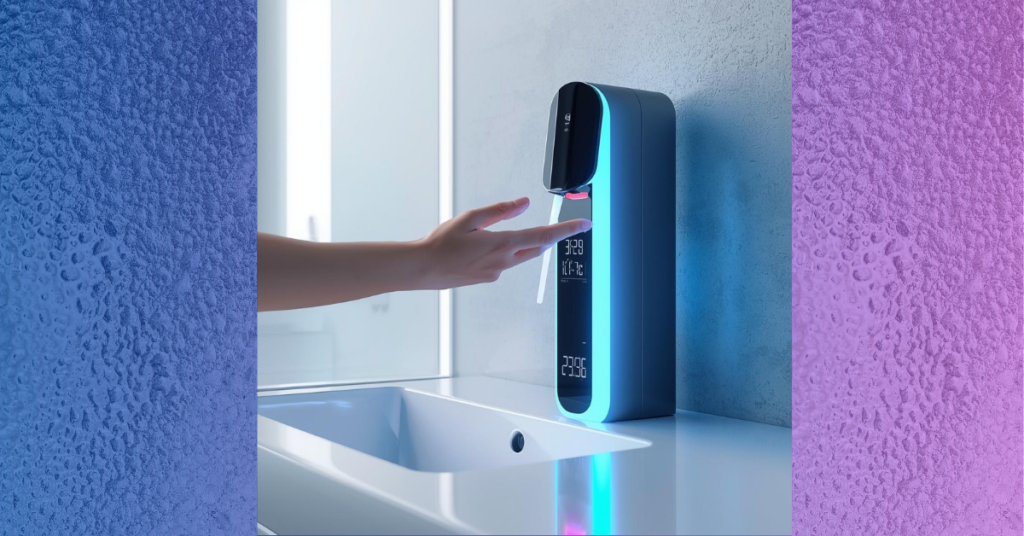 "A touchless smart soap dispenser in a modern bathroom providing a germ-free hand washing experience for the whole family."