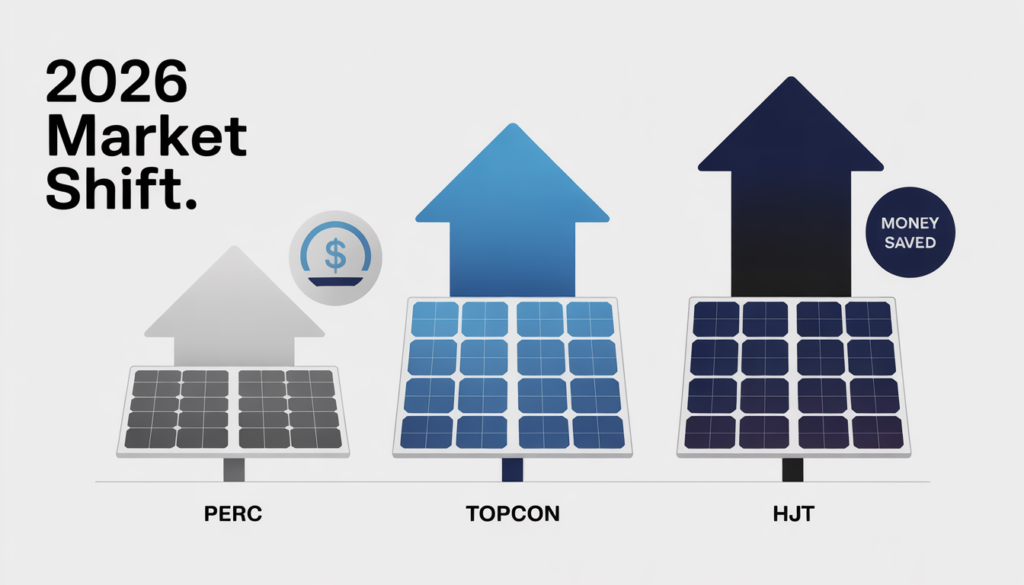 Flat vector infographic showing a 2026 solar market comparison. Three large upward-pointing arrows represent solar cell efficiency. A grey arrow labeled "PERC (Old)" stands to the left. A bright blue arrow labeled "TOPCon" and a deep navy arrow labeled "HJT" stand to the right. Small piggy bank icons are placed next to the TOPCon and HJT arrows. The text "2026 Market Shift" is displayed at the top. The background is clean and white.