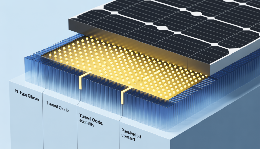 A detailed 3D technical cross-section of an N-Type TOPCon solar cell. The top layer is labeled "N-Type Silicon," the middle glowing layer is labeled "Tunnel Oxide" with bright yellow dots (electrons) passing through it, and the bottom layer is labeled "Passivated Contact." The color palette is blue, white, and yellow, set against a clean background.