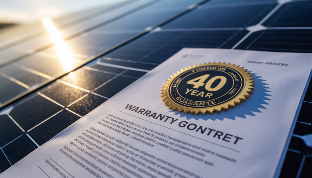 40-Year Solar Warranty Document with Gold Seal and Crystalline Panels