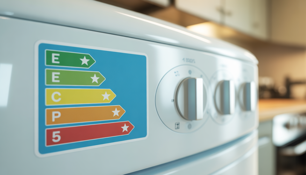 close-up of a 5-star energy rating label on a home appliances for electricity saving.