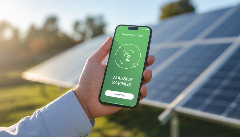 A close-up shot of a person's hand holding a smartphone displaying a green energy saving app with the text 'Massive Savings' on screen, while blurred solar panels are visible in the background under bright sunlight, 4k resolution.