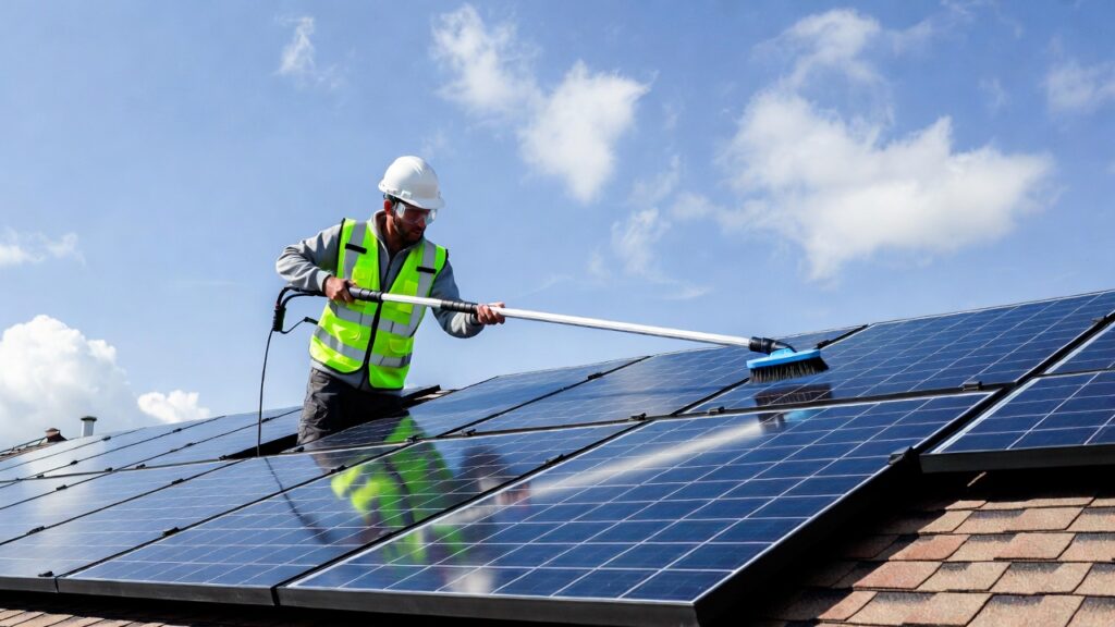 Professional solar technician cleaning residential solar panels with a soft-brush pole while wearing safety gear, showing contrast between dusty and clean glass.