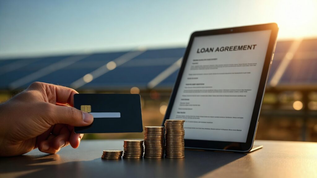 Hand holding a sleek black titanium credit card next to gold coins and a digital loan agreement on a tablet, with a blurred solar farm in the background.

