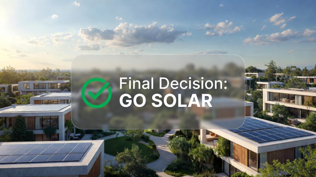 Wide-angle cinematic shot of a modern sustainable neighborhood with integrated solar roofs and a digital overlay showing a green checkmark and "Final Decision: GO SOLAR" prompt.

