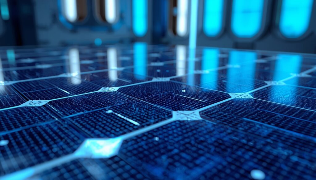 Microscopic Close-Up of 2026 N-Type TOP Con Solar Cell with Blue Silicon Texture