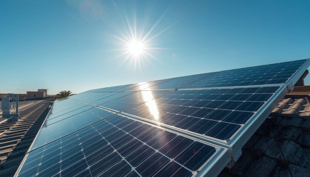 Shiny and clean solar panels installed on a modern house roof reflecting the blue sky
