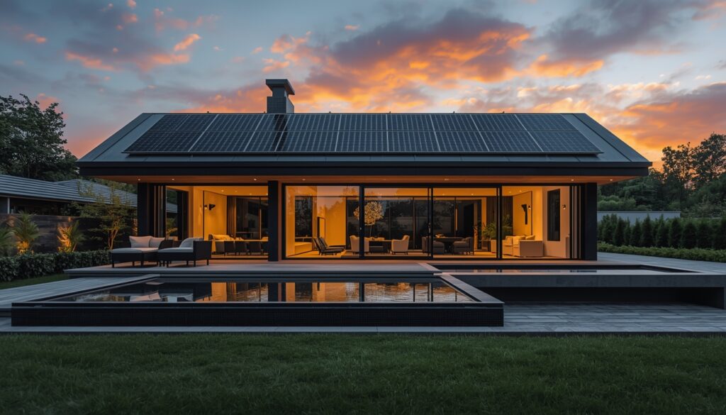 A hyper-realistic 4k architectural shot of a luxury modern home featuring sleek black solar panels installed on the roof, beautifully illuminated by warm sunset light with reflections on the glass windows, creating a cinematic atmosphere.