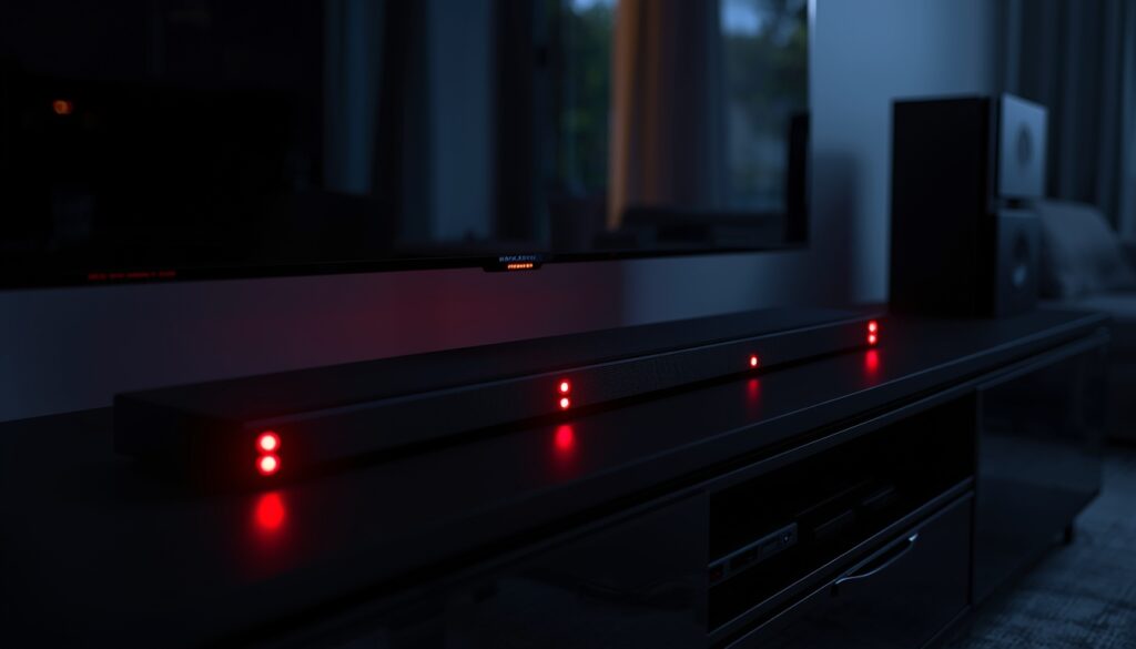 Hyper-realistic wide shot of living room with multiple LED indicator lights on sound bar and TV

