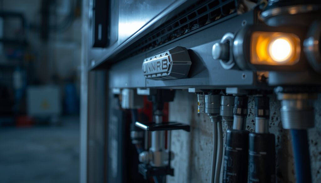  macro shot of a high-quality solar inverter being mounted on a textured wall, glowing green LED lights indicate it's operational, with professional installation tools placed nearby, showcasing crisp industrial detail in 4k.