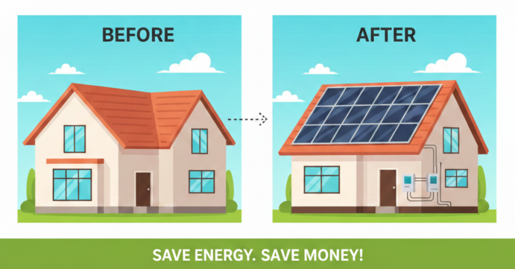 "A side-by-side infographic showing a modern house before and after solar panel installation on the roof, featuring clean energy transition and cost-saving benefits."