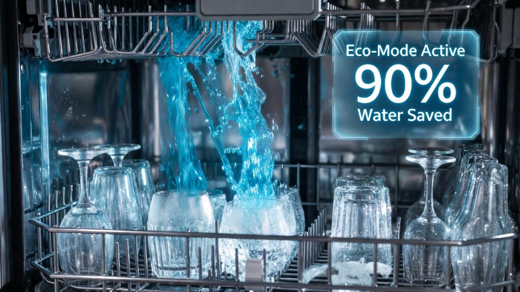 A high-angle internal shot of a modern dishwasher with shimmering blue water jets spraying crystal-clear glasses and a digital overlay reading "Eco-Mode Active" and "90% Water Saved."