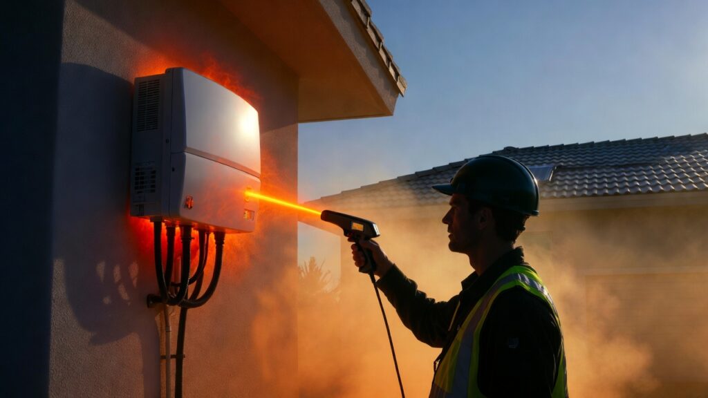 Thermal image visualization showing heat radiation from a wall-mounted solar inverter in 45°C weather