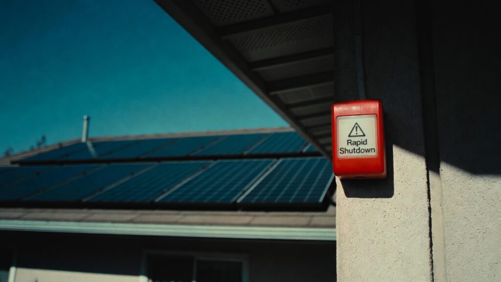 Close-up of a standard red Rapid Shutdown safety button on a home's exterior wall