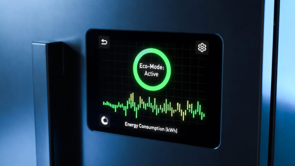 Smart refrigerator screen displaying active Eco-Mode status.