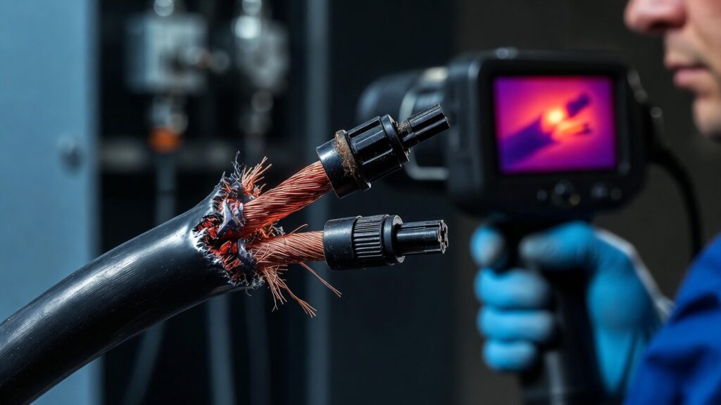 Inspecting solar panel MC4 connectors and wiring for critter damage.