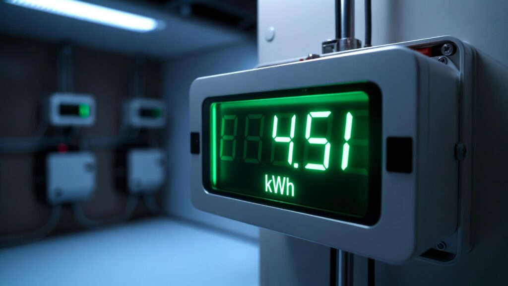High-tech digital electricity meter showing kWh reading.