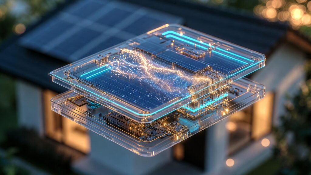 Conceptual rendering of dual-layer Perovskite Tandem solar cells with blue and gold light trails.