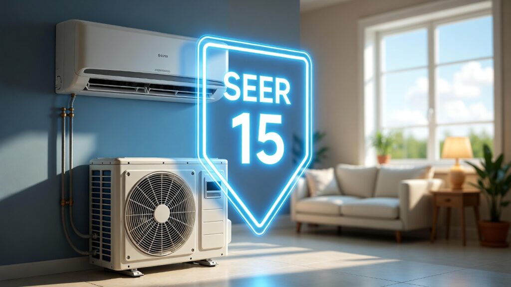 Split-type air conditioner with a digital overlay showing SEER and EER efficiency ratings.