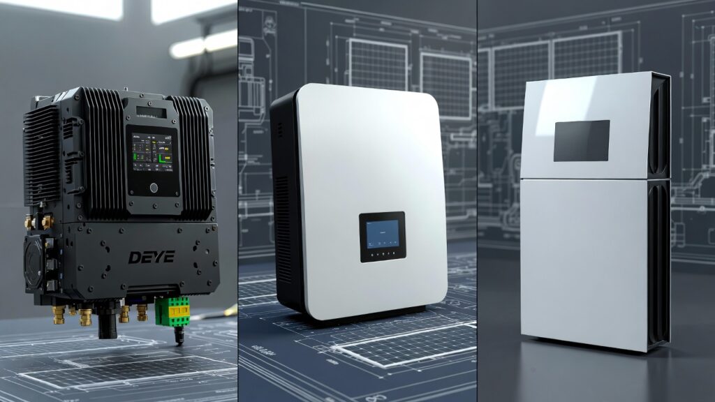 Split cinematic composition showing Deye, Fronius, and Tesla hybrid inverters against a technical blueprint.
