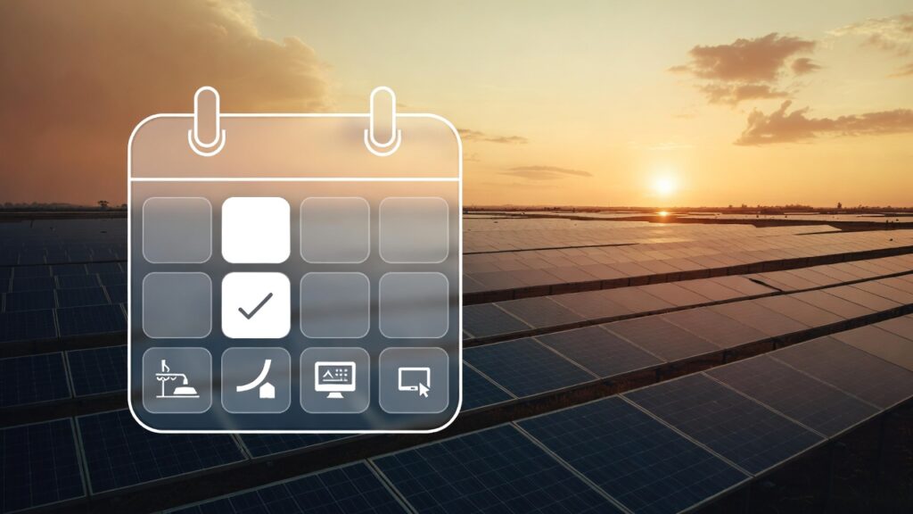 A 20-year solar maintenance roadmap and calendar overlaid on a beautiful solar farm during a hopeful sunset, symbolizing long-term investment.