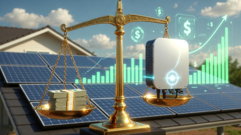 A golden scale balancing a stack of cash and a premium solar inverter in a residential setting.