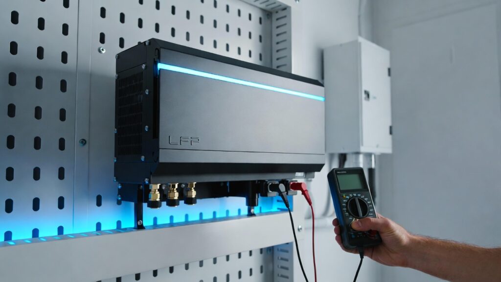 Lithium solar battery bank with clean electrical terminal connections