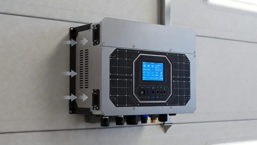 Modern smart solar inverter showing efficiency logs on a digital display.