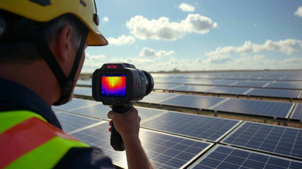 A professional technician using a thermal camera to check solar panel heat levels on a sunny day.