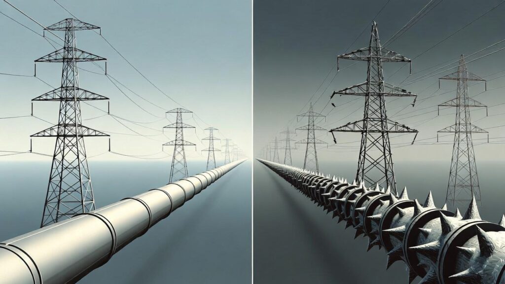 A line graph comparing two data sets. The first line is smooth and blue, representing stable power output. The second line is red with sharp, jagged spikes, representing unstable power or energy surges.

