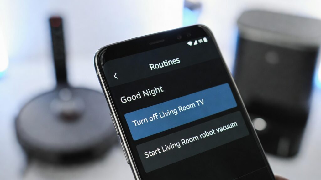 "Smartphone close-up showing the Alexa 'Good Night' routine. The screen displays commands to turn off the Living Room TV and start the robot vacuum. A TV remote and vacuum dock are blurred in the background."

