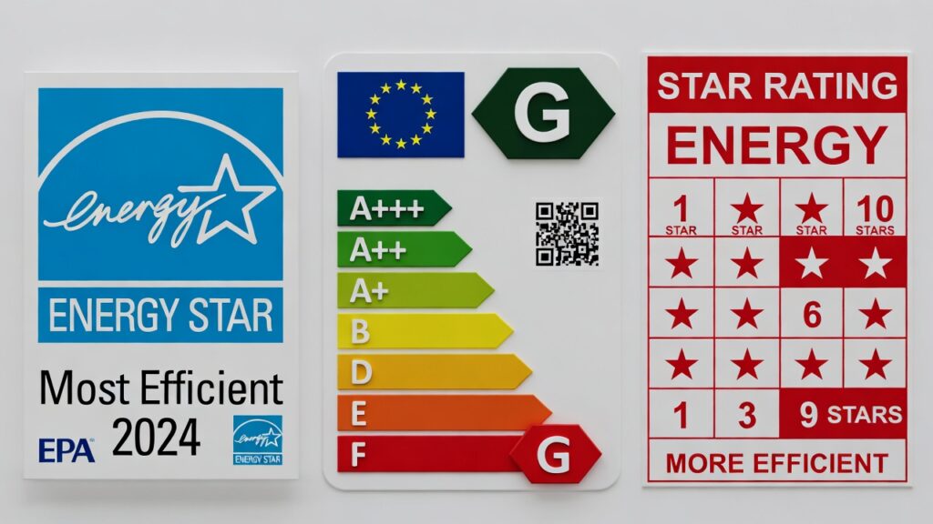 Comparison of US Energy Star, EU A-G, and Asian star labels.