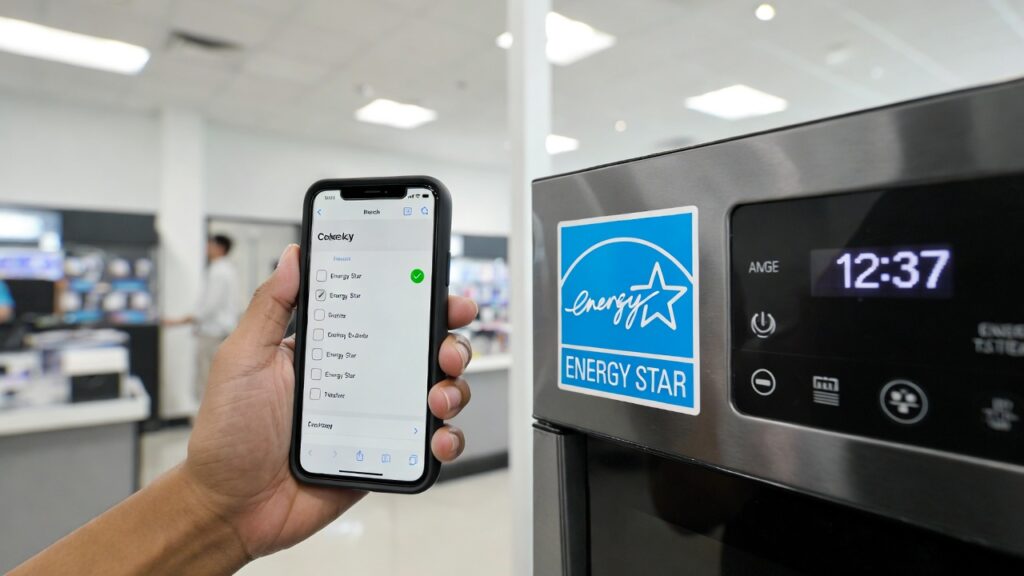 A shopper taking a photo of an energy label with a smartphone in a retail store.