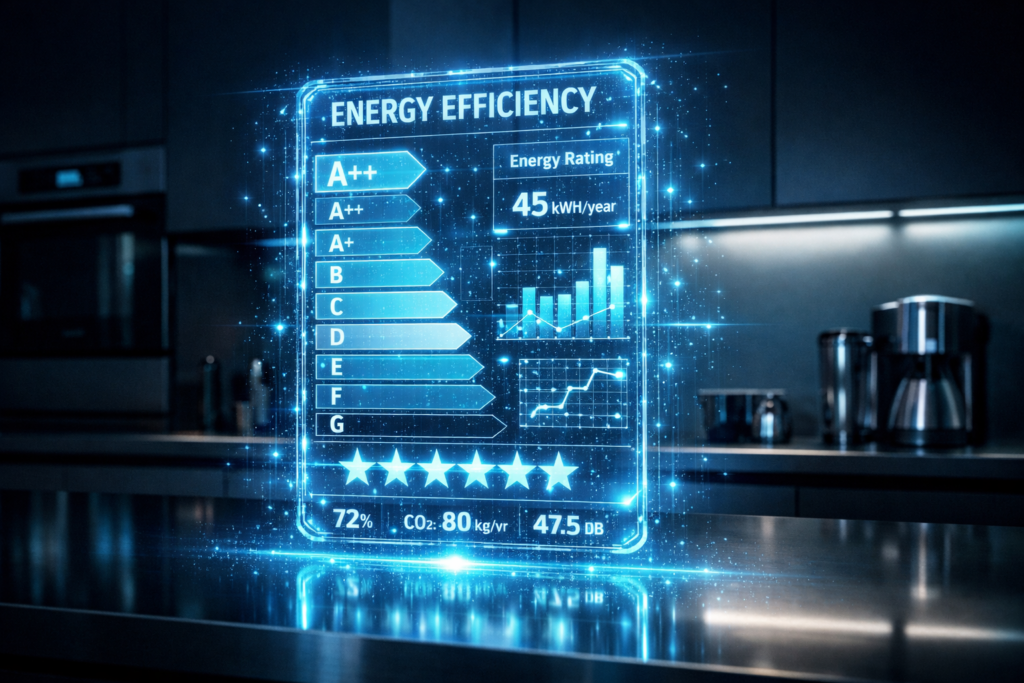 Holographic energy label with QR code for digital tracking.