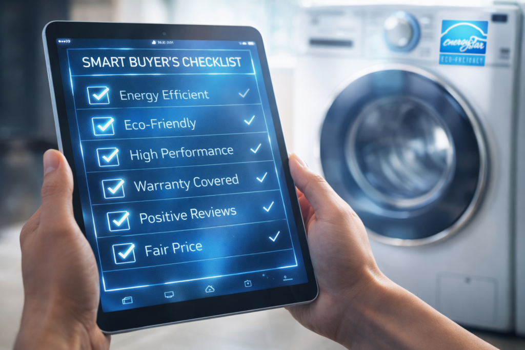 Smart buyer checklist on a clipboard near a washing machine.