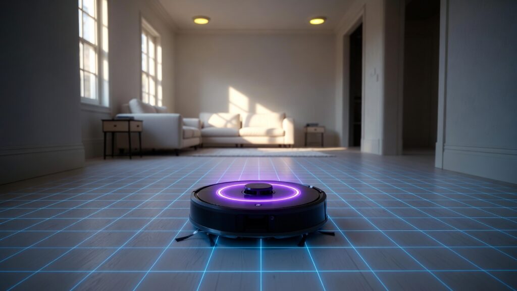 A top-down view of a sleek matte black robotic vacuum with a glowing purple LiDAR laser ring scanning a modern living room floor that displays a blue grid navigation pattern.

