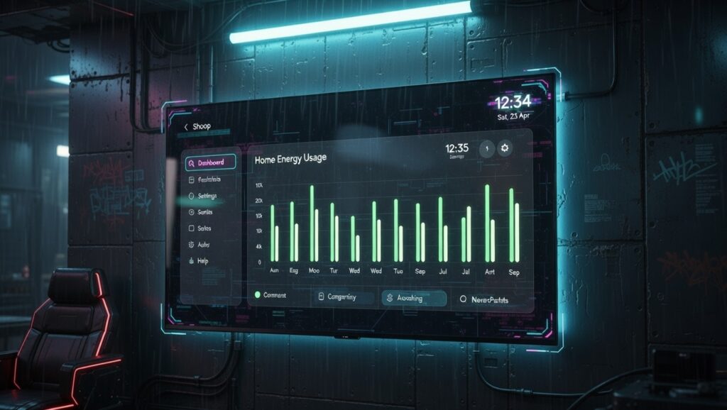 A sleek 55-inch ultra-thin Smart LED TV mounted on a dark minimalist wall, displaying a "Home Energy Usage" graph with low green bars and ambient blue LED backlighting.

