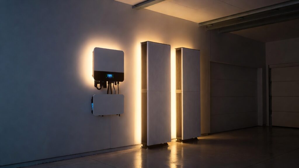 Sleek vertical white LFP battery towers connected to a modern hybrid inverter in a home garage.