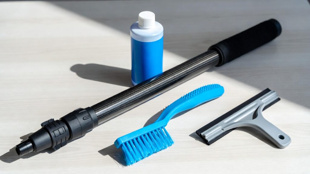 Essential solar maintenance tools including soft brushes and telescopic poles.