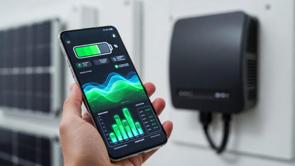 Close-up of a modern smartphone displaying a futuristic solar power monitoring app, with a wall-mounted inverter in the blurred background.
