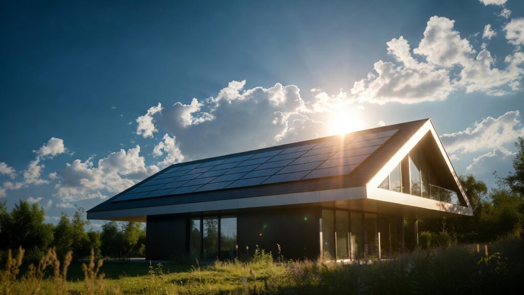 A modern house with sleek solar panels under a bright summer sun to show solar panel heat.